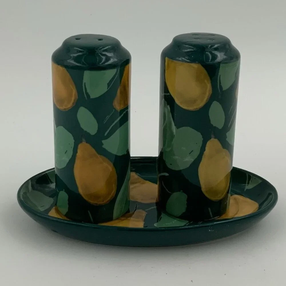 Anthropologie Holly and Pear Salt and Pepper Shakers With Ceramic Tray NEW